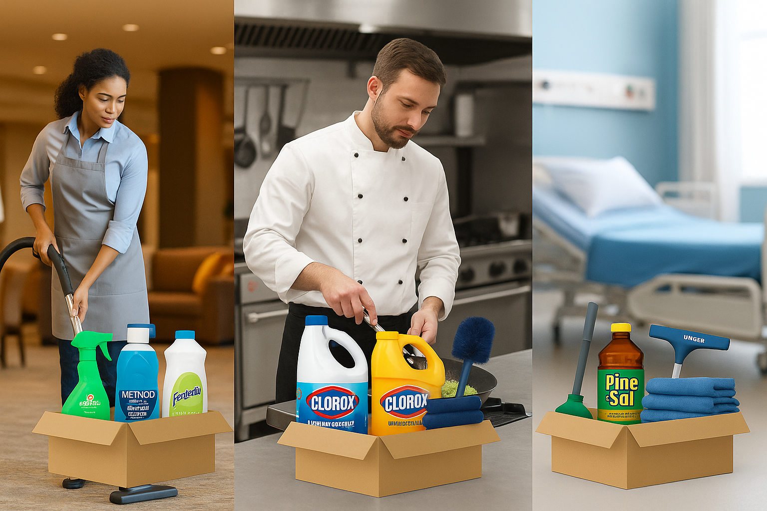 Pre-built cleaning bundles and supply kits for restrooms, kitchens, housekeeping and breakrooms